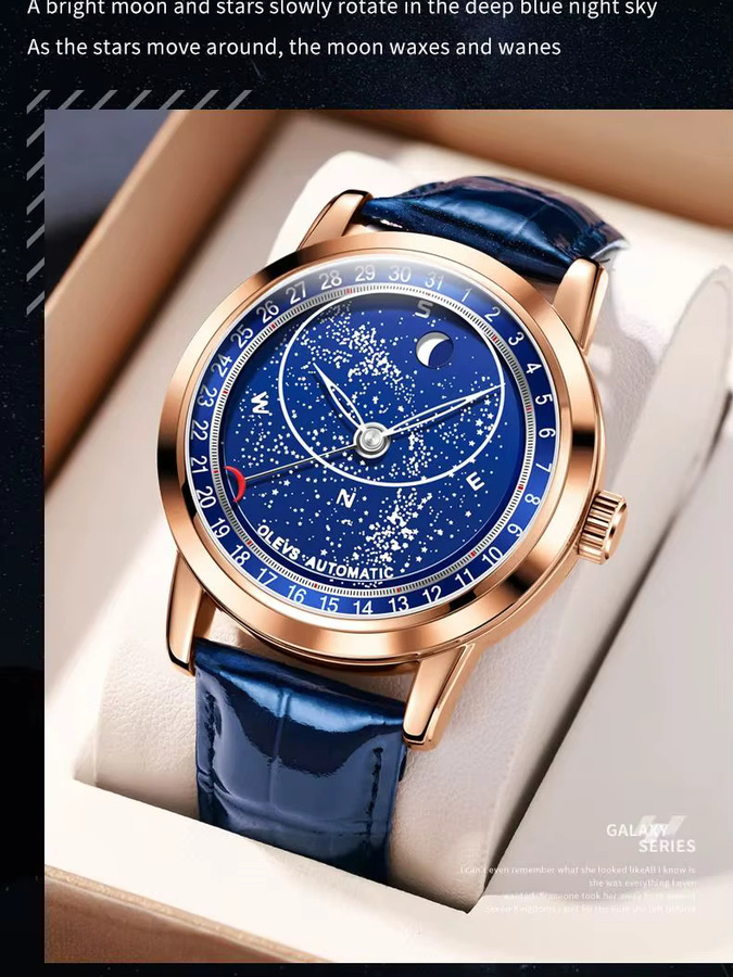 OLEVS Armbanduhr, Automatik, Mondphase, Blau, Leder, Herren - Bild 7