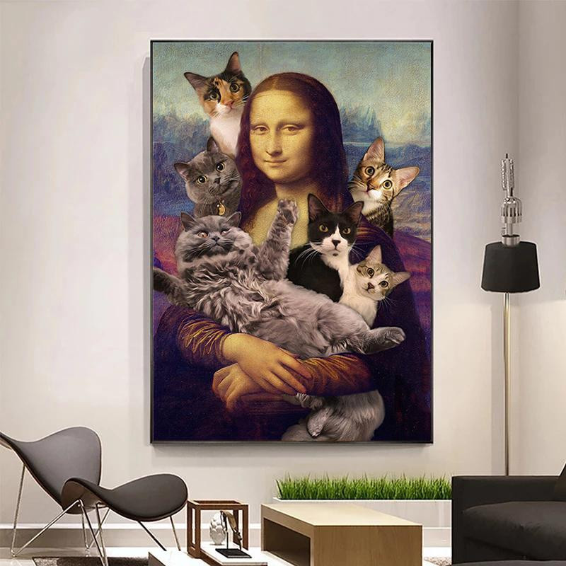 Vintage Mona Lisa mit Katze Leinwandgemälde als Wandkunst für dein Wohnzimmer, B: 50 cm, H: 80 cm - Bild 2
