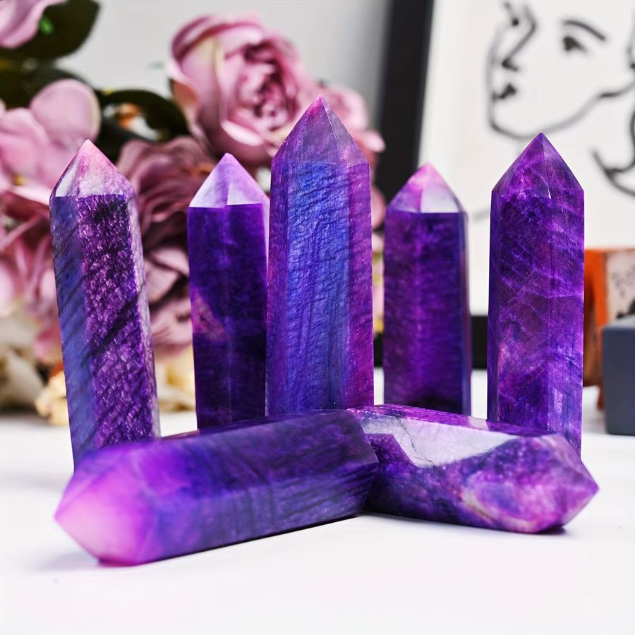 CrystalHola Sechseckiger Turm aus natürlichem lila Mondstein mit blauem Blitz als Einzelpunkt-Kristallsäule - Bild 3