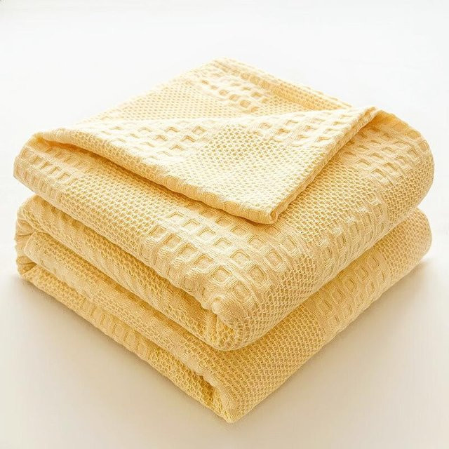 WIKHOSTAR Überwurfdecke aus 100% Baumwolle in Gelb, weiche und atmungsaktive Waffeldecke mit Karomuster für Sommer und Einzelbett, Breite: 100 cm, Länge: 150 cm - Bild 1