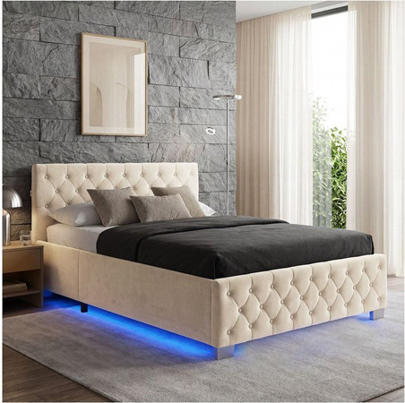 tectake Polsterbett Venice in Samtoptik mit Steppmuster und indirekter LED-Beleuchtung, Farbe Sand, B/T/H: 215 x 148 x 83 cm, inklusive hochklappbarem Lattenrost und Stauraum