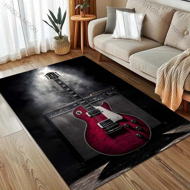 UQIDEHOME Bereichsteppich mit Rote Gitarre Stereo Print, moderner rechteckiger Teppich aus Polyester für Wohnzimmer, Schlafzimmer oder Badezimmer, Breite: 40 cm, Tiefe: 60 cm - Bild 1