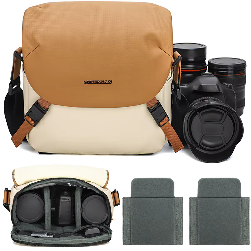 QISEMIAN Outdoor-Freizeit-Fototasche als Crossbody-Tasche für DSLR- und Einzelobjektiv-Kameras in Orange und Beige - Bild 5