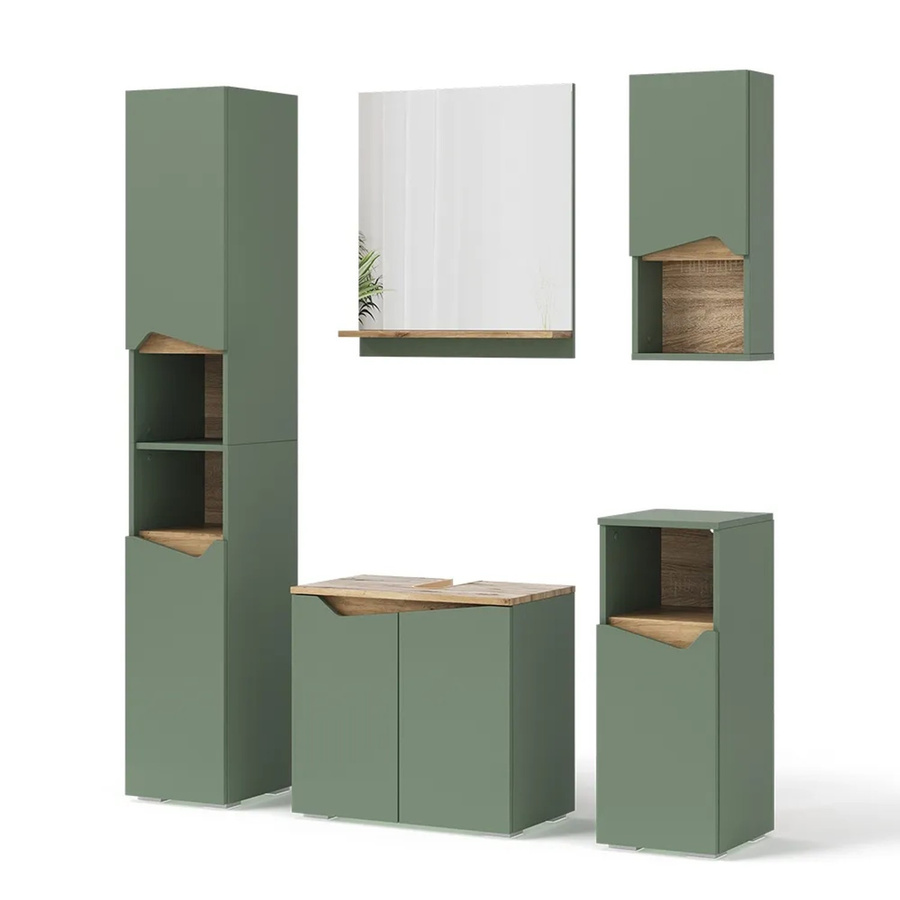 Vicco Badmöbel-Set Marelle in Grün/Artisan, modernes 5-teiliges Badezimmer-Set mit Waschtischunterschrank, Spiegelschrank, Hochschrank, Wandschrank und Seitenschrank, matt - Bild 2