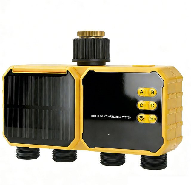 Fishine Intelligentes Bewässerungssystem mit WiFi und Solarbetrieb, 4-Zonen Gartenbewässerung mit App-Steuerung und Regensensor, Gelb - Bild 1