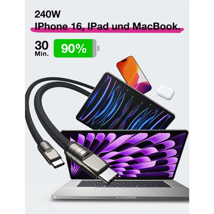 AUFU 2in1 USB-C auf USB-C Lanyard Datenkabel mit 240W PD Schnellladung für iPhone 16 15 Xiaomi Huawei in Pink oder Schwarz - Bild 3