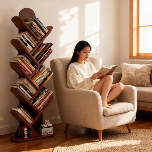 XIUWO Baum-Bücherregal aus massivem Holz in Braun und Weiß, modernes offenes Lagerregal für Wohnzimmer und Heimbüro - Bild 1