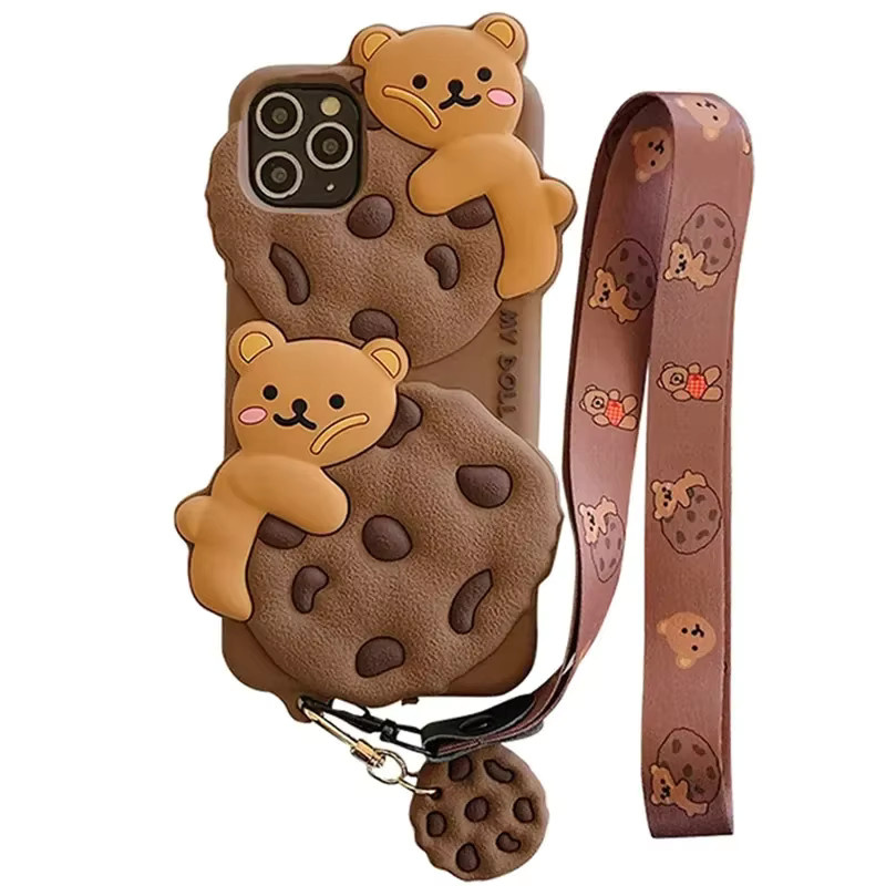 NMEGOU Silikonhülle im Kawaii Cookie Bär Design für iPhone 14 13 12 11 15 Pro Max Plus XS XR X mit Lanyard und Schlüsselanhänger in Braun - Bild 7