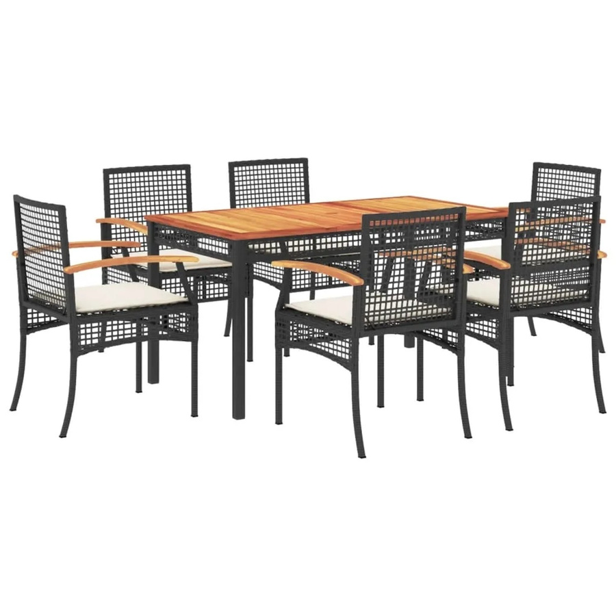 vidaXL 7-teilige Garten-Essgruppe aus Poly-Rattan und Akazienholz in Schwarz mit Kissen - Bild 2