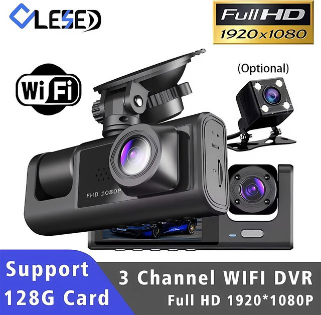 OLESED 3-Kanal WLAN Dashcam mit Innenraumkamera, FHD 1080P Auto-DVR Recorder, Schwarz - Bild 1
