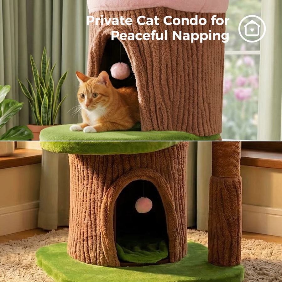 PEQULTI Katzenbaum mit Blumenkranz-Dachplattform und 4 gemütlichen Höhlen für große Katzen in rustikalem Design - Bild 5