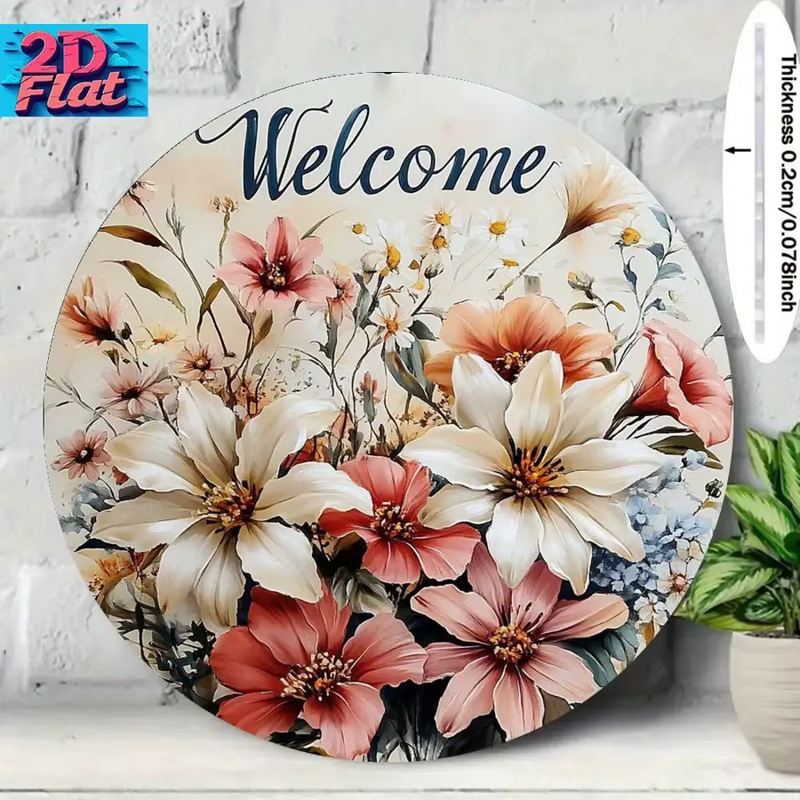Potdemiel Florale Willkommens-Wanddekoration aus Metall, runde Wandplatte mit Blumenmotiv, Durchmesser: 20 cm, Mehrfarbig - Bild 4