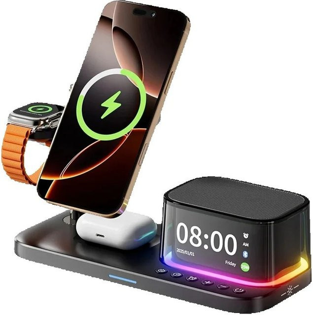 XIKCU 5-in-1 Magnetisches Kabelloses Ladegerät mit Bluetooth-Lautsprecher und Schnellladefunktion für iPhone, Apple Watch und AirPods in Schwarz oder Weiß - Bild 1