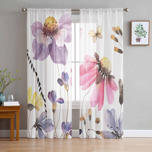 Super Six Chiffon Vorhang mit Sommerblumen und Schmetterlingen im ländlichen Pastoralen Stil, Farbe: Multicolour, Breite: 135 cm, Höhe: 114 cm - Bild 1
