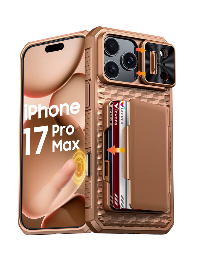 BANGZAO Wallet Case für iPhone 17 Pro Max mit Kartenhalter, Schiebe-Kameraabdeckung und Standfunktion in Gold - Bild 6