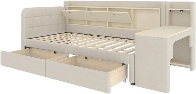 KOMHTOM Chaiselongue Beige mit 2 Schubladen und Schreibtisch, umwandelbar, Breite: 90 cm, Länge: 200 cm - Bild 1