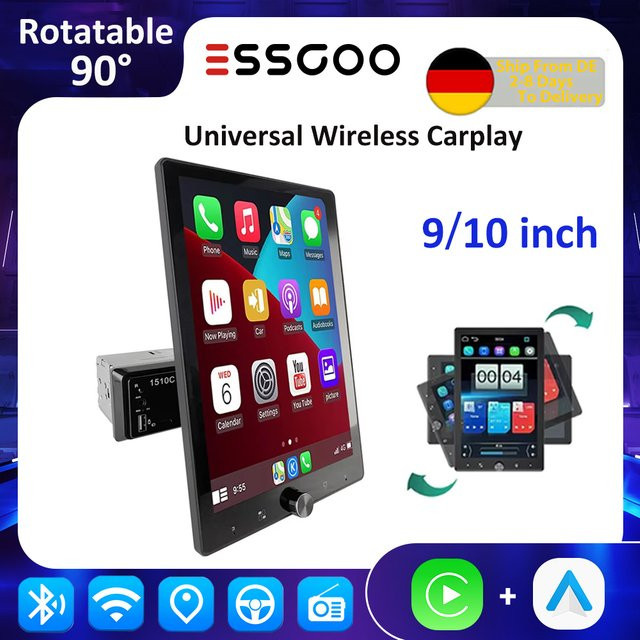 ESSGOO Auto-Multimedia-Player mit 10 Zoll Display, kabelloses CarPlay, GPS und Navi, Schwarz, 1DIN mit USB-Anschluss - Bild 1
