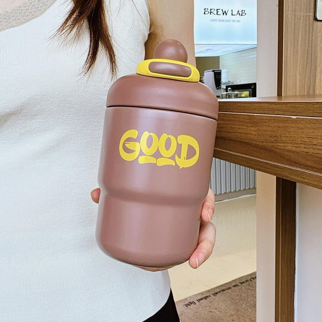 Yiran Furniture Thermosbecher aus Edelstahl mit Strohhalm, tragbarer Kaffeebecher für Paare, Grau, 500 ml - Bild 1