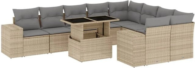 vidaXL 10-tlg. Garten-Sofagarnitur in L-Form aus beige farbenem Poly-Rattan mit Kissen und pulverbeschichtetem Stahlgestell - Bild 1