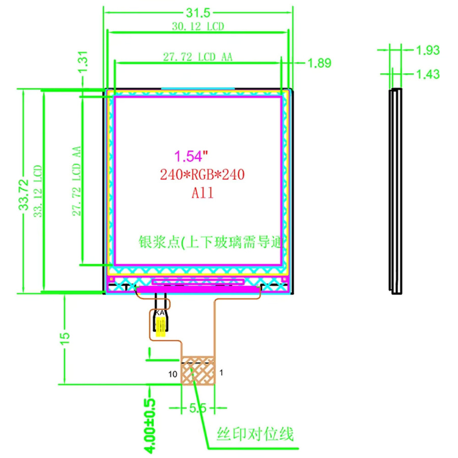 1,54 Zoll TFT-LCD-Display Modul mit RGB Vollansicht und st7789v2 Treiber Chip in Schwarz, Auflösung 240 x 240 Pixel - Bild 4
