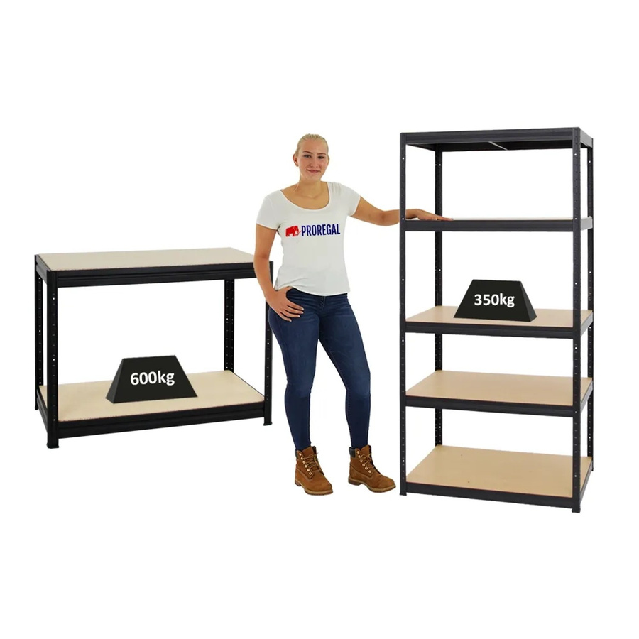 PROREGAL Set aus Schwerlastregal Slim Elephant und höhenverstellbarer Werkbank Slim Dino, Schwarz, H: 180 cm, B: 90 cm, T: 60 cm & H: 90 cm, B: 120 cm, T: 60 cm - Bild 2