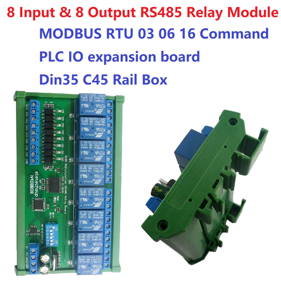 Eletechsup Modbus RTU Relaismodul mit 8 isolierten Eingängen und 8 Ausgängen, RS485 UART Steuerschalterplatine für DIN35 C45 Schienen, DC 12 V 24 V, Grün - Bild 2