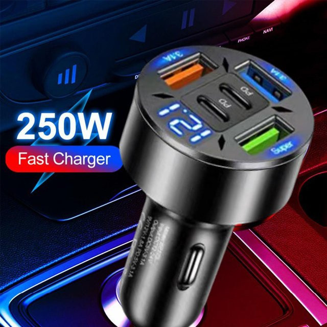250W Auto Ladegerät mit 5 Ports inklusive 2 PD USB-C und 3 USB Anschlüssen für Schnellladung, Farbe: Schwarz - Bild 1