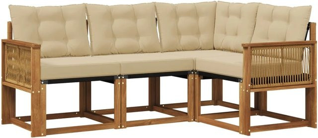 vidaXL Outdoor-Sofagarnitur L-Form aus massivem Akazienholz mit Textilene und Kissen in Natur-Beige - Bild 1