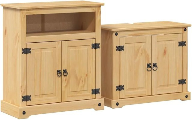 vidaXL 2-teiliges Badmöbel-Set Corona aus Massivholz Kiefer in Braun und Beige, bestehend aus Waschtischunterschrank und Wandschrank, rustikaler Stil, gewachst - Bild 1