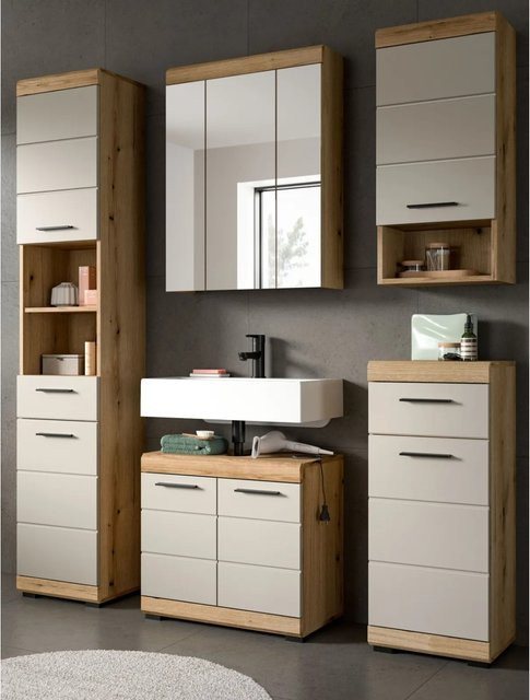 Inn.Furn Badmöbel Set Shawn 5-teilig in Sand und Eiche mit Waschbeckenunterschrank, Spiegelschrank, Unter-, Hänge- und Hochschrank, Breite: 164 cm - Bild 1