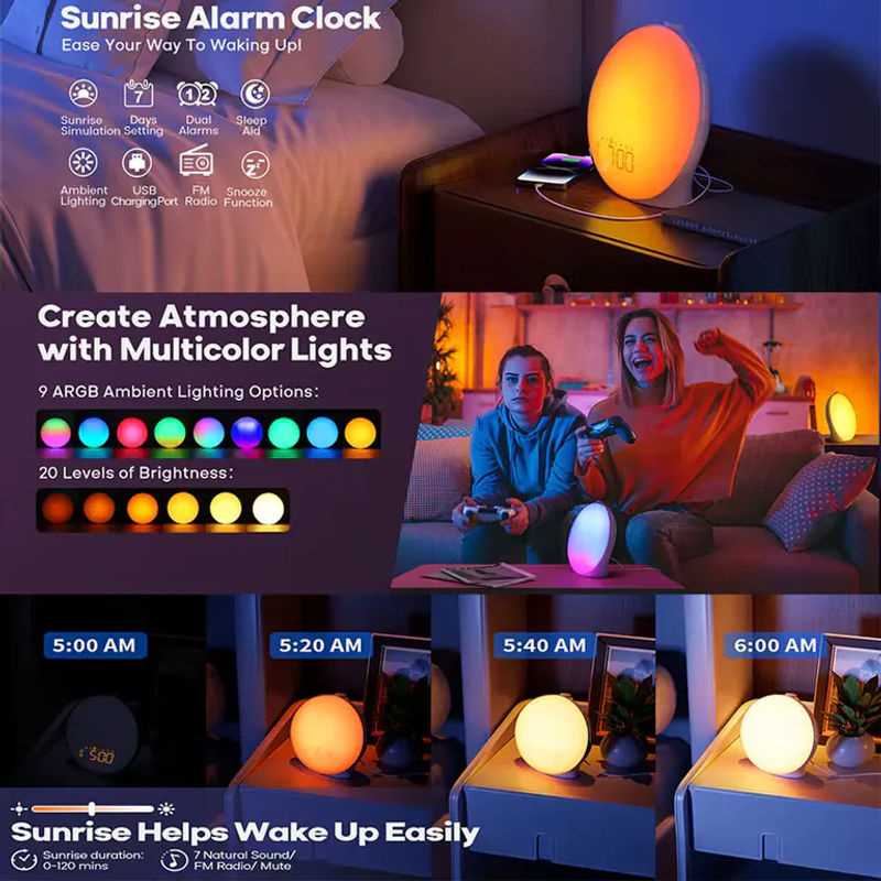 Niditon Wake Up Light Wecker mit Sonnenaufgang und Sonnenuntergang Simulation, Digitaluhr mit Nachtlicht und FM Radio, Weiß - Bild 6