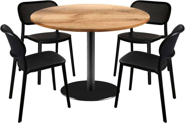 RestooTab Esstisch-Set Rome XL mit 4 Stühlen, runder Esstisch in Eiche und Braun mit schwarzem Gestell, Durchmesser: 120 cm, Höhe: 75 cm - Bild 1