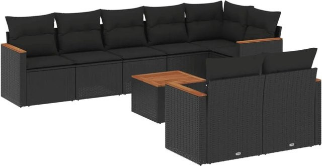 vidaXL 9-tlg. Garten-Sofagarnitur in L-Form aus schwarzem Poly-Rattan mit Kissen und pulverbeschichtetem Stahlgestell - Bild 1