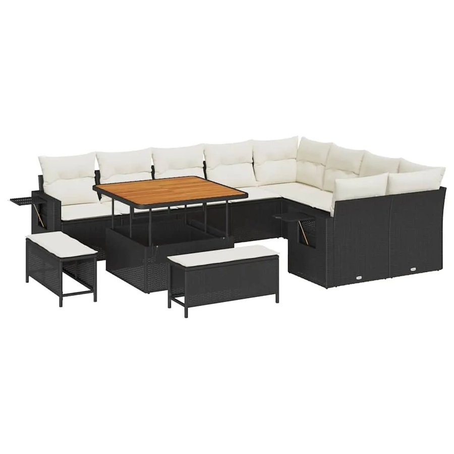 vidaXL Garten-Sofa-Set 12-tlg. aus Polyrattan in Schwarz mit beigefarbenen Polstern für Terrasse und Garten - Bild 2
