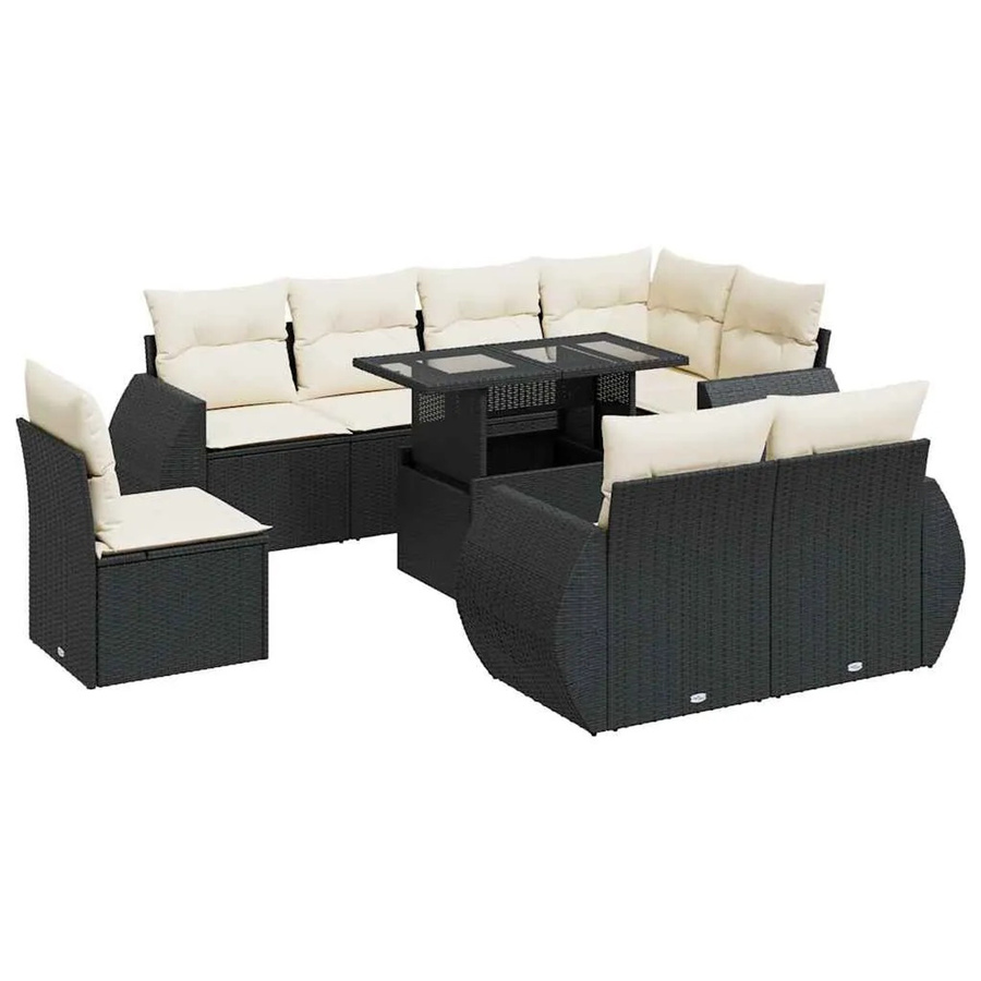 vidaXL 9-teilige Garten-Sofagarnitur in L-Form aus schwarzem Poly-Rattan mit Kissen und pulverbeschichtetem Stahlgestell - Bild 2