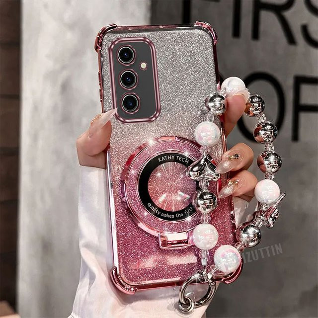 Handyhalter Hülle mit Pearl Strap Lanyard, Glitter und Lucky Ring für Samsung Galaxy S24 S23 S22 S21 S20 S25 FE Note 10 20 Plus Ultra, Marke liviace, Farben: Purple und Pink - Bild 1