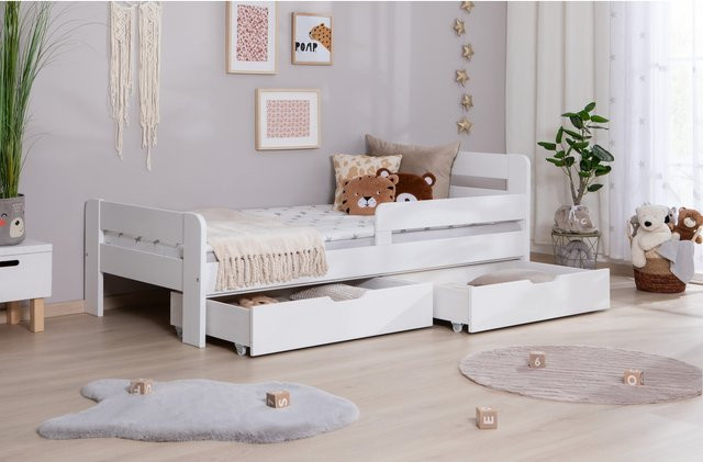 TiCAA Kinderbett Bennet aus Kiefer Massivholz mit Schubkasten und Rausfallschutz, Farbe: Weiß - Bild 1