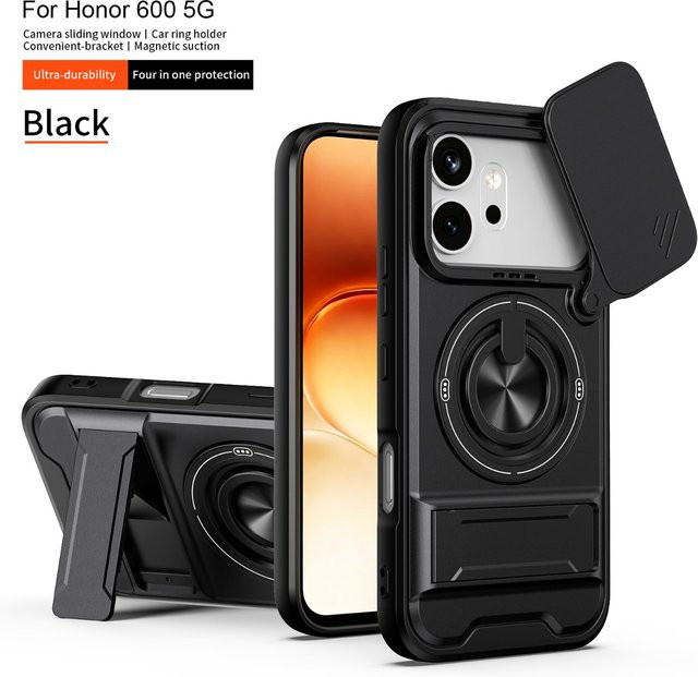 Magnetische Handyhülle für Honor 600 Pro und Honor 600 Lite mit drehbarem Kameraschutzring, Ständer und stoßfestem Schutz in Schwarz oder Silber - Bild 1