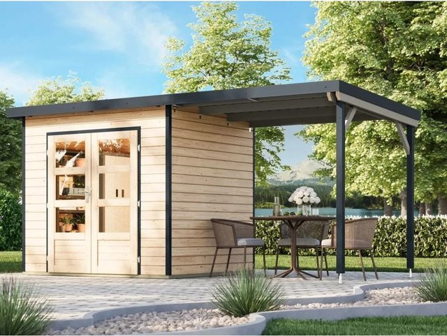 Karibu Gartenhaus Plutus als Schuppen mit Anbaudach in Natur und Brown, Wandstärke: 28 mm - Bild 1
