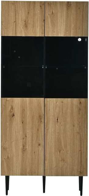 Merax Hochschrank mit LED-Beleuchtung und Glastüren in Naturholz und Schwarz, B/T/H: 80 x 35 x 180 cm - Bild 1