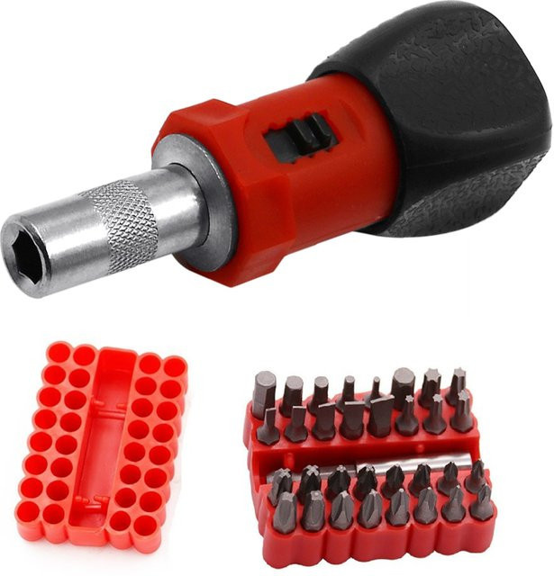 VIBRATITE Multifunktionaler Ratschenschlüssel und Schraubendreher mit 1/4 Zoll Sechskant-Steckschlüssel und Bithalter Set in Rot - Bild 1