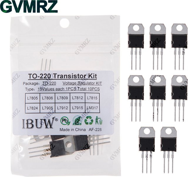 10er Set TO-220 Transistor-Kit mit 10 verschiedenen Spannungsreglern wie L7805, L7812 und LM317 in Schwarz für industrielle Stromversorgungen und DIY-Projekte - Bild 1