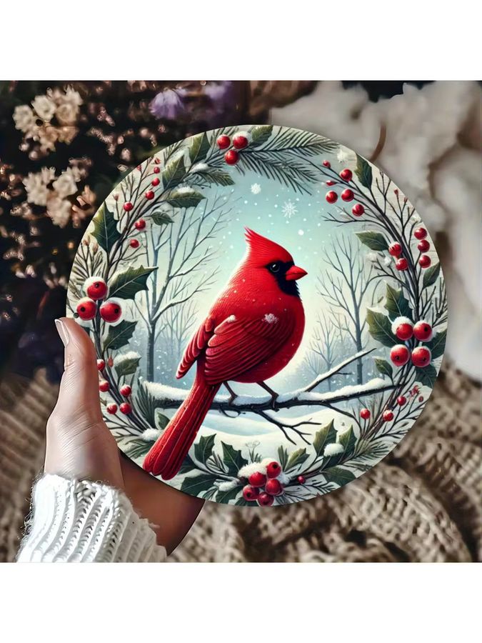 Potdemiel rote Kardinal-Vogengirlande aus Metall mit Holly-Beeren als kreisförmige Hängedekoration für die Weihnachtszeit, Durchmesser: 20,3 cm - Bild 5