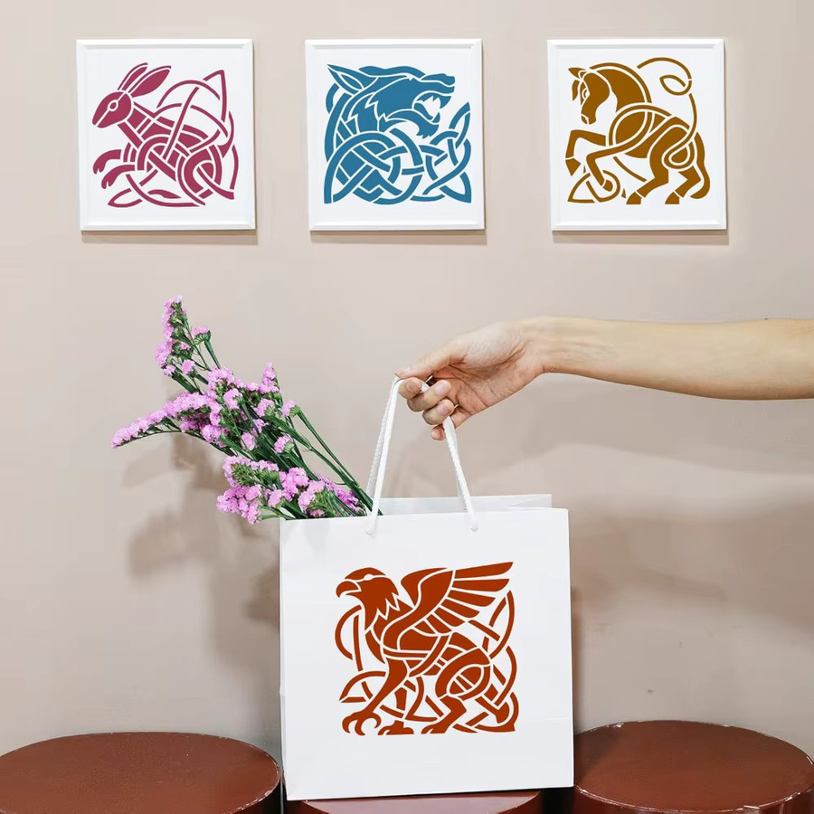 9 Stück keltische Tiere Kunststoff-Malschablonen mit Pinsel, wiederverwendbare Zeichenvorlagen für DIY-Dekorationen, B/B: 20 x 20 cm - Bild 3