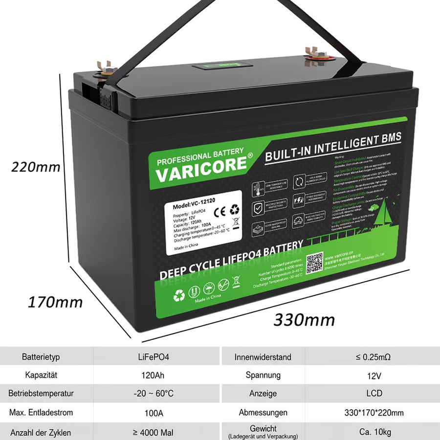 VariCore 4S BMS 12V 120Ah LiFePO4-Akku mit Kupferanschlüssen in Schwarz - Bild 2