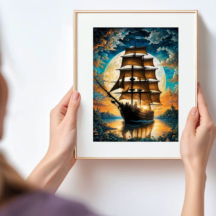 Huacan Rundes Diamantgemälde Landschaft mit Mond und Segelboot als Wanddekoration - Bild 3