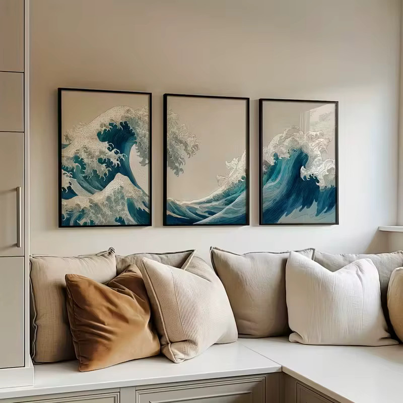 HQYSZZ Leinwand-Poster Set mit 3 Stück abstrakter Küstenlandschaft im japanischen Zen-Stil, Blau, Maritime Wanddekoration - Bild 3
