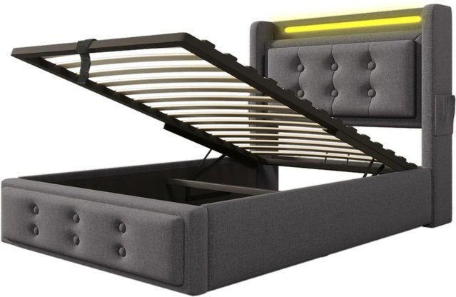 okwish Polsterbett Grau mit LED-Kopfteil, USB-Ladefunktion und Matratze, B/T/H: 91 x 200 x 109 cm - Bild 1