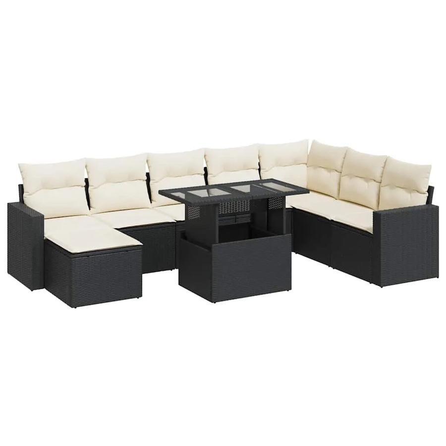 vidaXL 9-tlg. Garten-Sofagarnitur in L-Form aus Poly-Rattan und pulverbeschichtetem Stahl mit Kissen in Schwarz-Creme - Bild 2