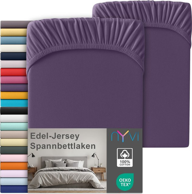 NYVI Edel Jersey Spannbettlaken Deluxe 2er Set aus 100% supergekämmter Baumwolle, Farbe: Violett, B/T: 180-200 x 200 cm, passend für Matratzen bis 25 cm Steghöhe - Bild 1